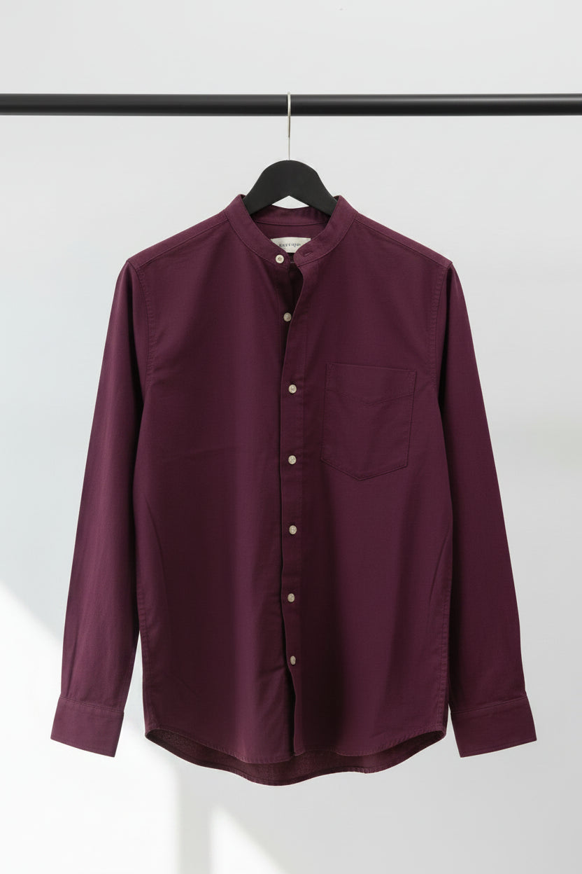Men's Maroon Band Collar Long Sleeve Casual Shirt