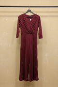 Women's Maroon Pleated V-Neck Long Sleeve Jumpsuit