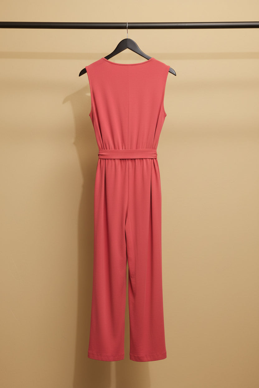 Wardrobe Women's Red V-Neck Sleeveless Jumpsuit with Tie-Waist