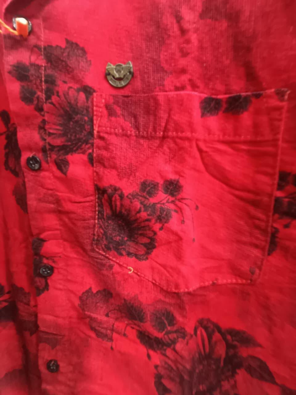 Men's Red Floral Print Casual Shirt by Rose Riviera Mountain.