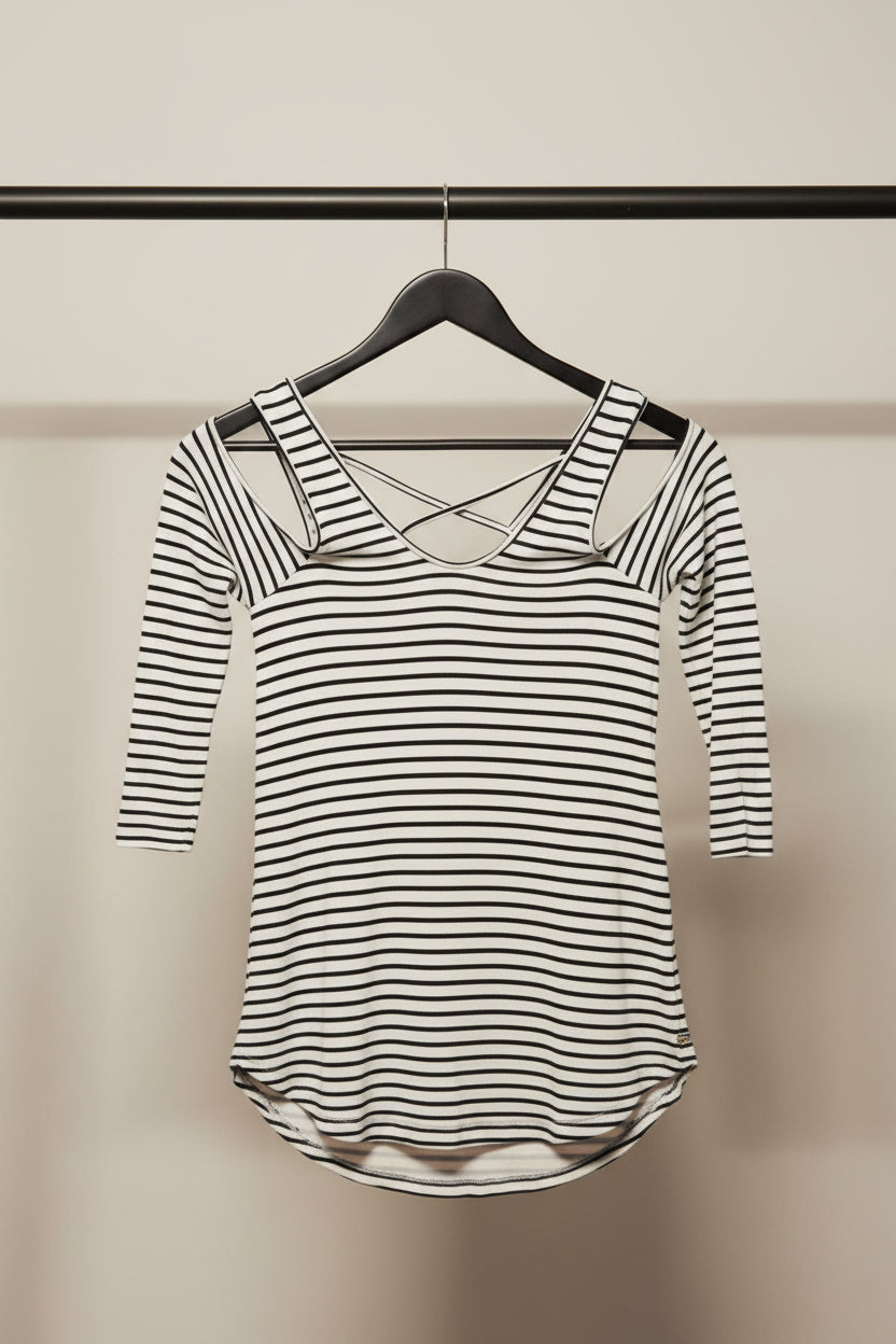 Nuon Women's Black and White Striped Cold Shoulder Top