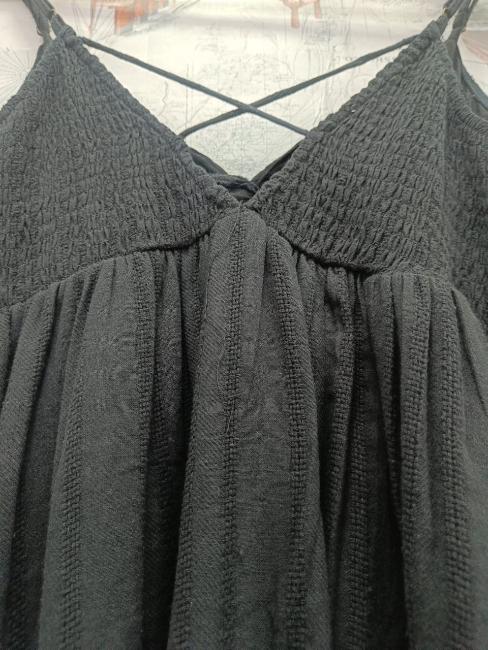 Black Textured Tiered Mini Dress with Criss-Cross Back