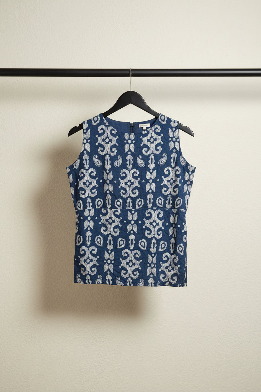 Women's Blue & Off-White Printed Sleeveless Peplum Top