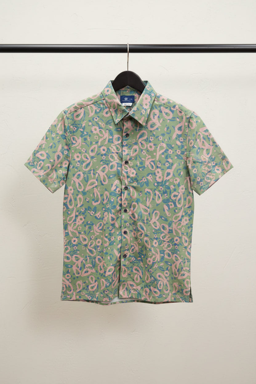 Bulan Bintang Men's Green Patterned Relaxed Fit Short Sleeve Shirt