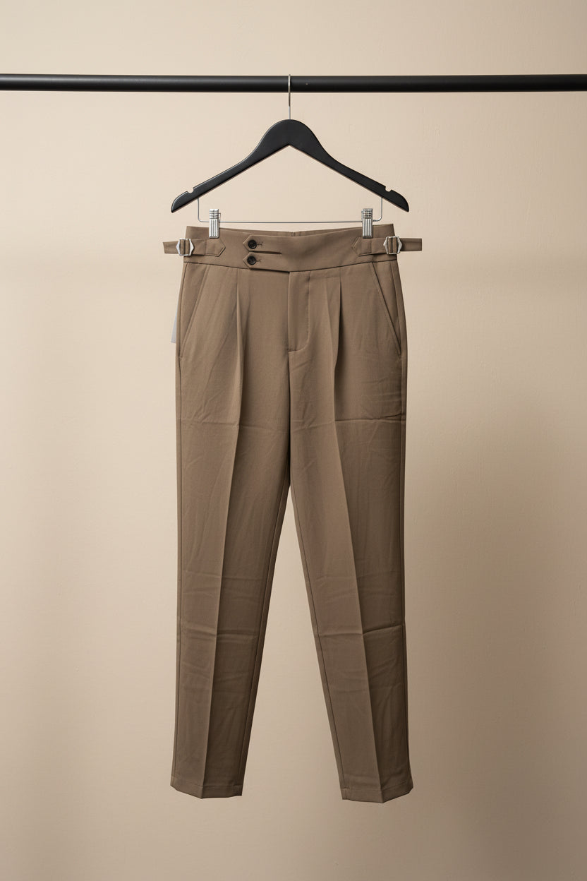 Men's J.J.un Tan Pleated Trousers with Side Adjusters