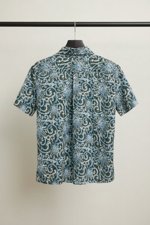 Bulan Bintang Men's Green & Blue Abstract Print Relaxed Fit Short Sleeve Shirt