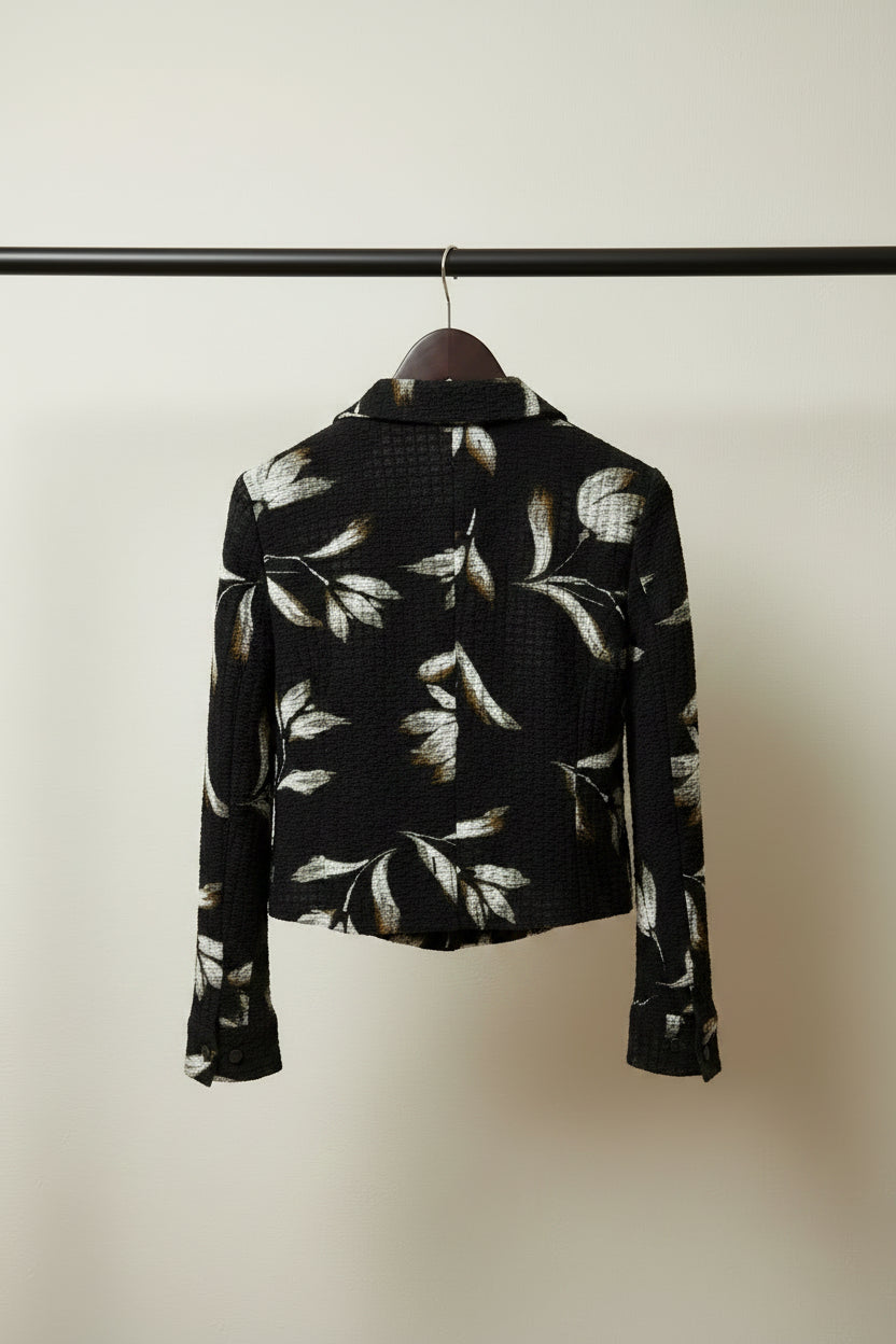 Women's Black Leaf Print Textured Collared Long Sleeve Shirt