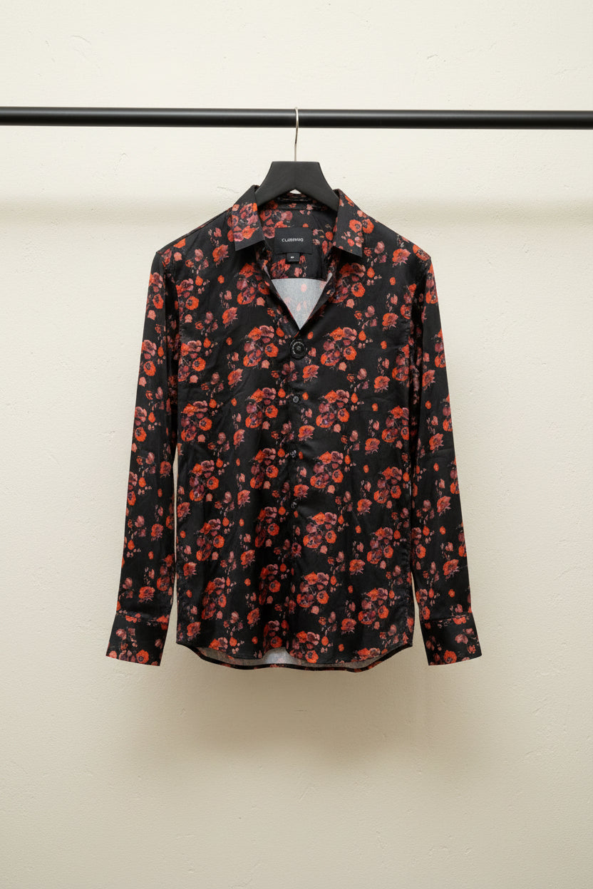 CLUBBING Men's Black Floral Digital Print Long Sleeve Shirt