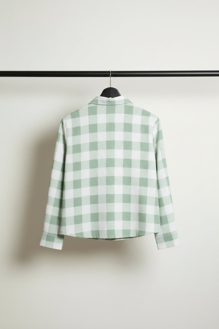 Women's Green and White Checkered Long Sleeve Button-Down Shirt