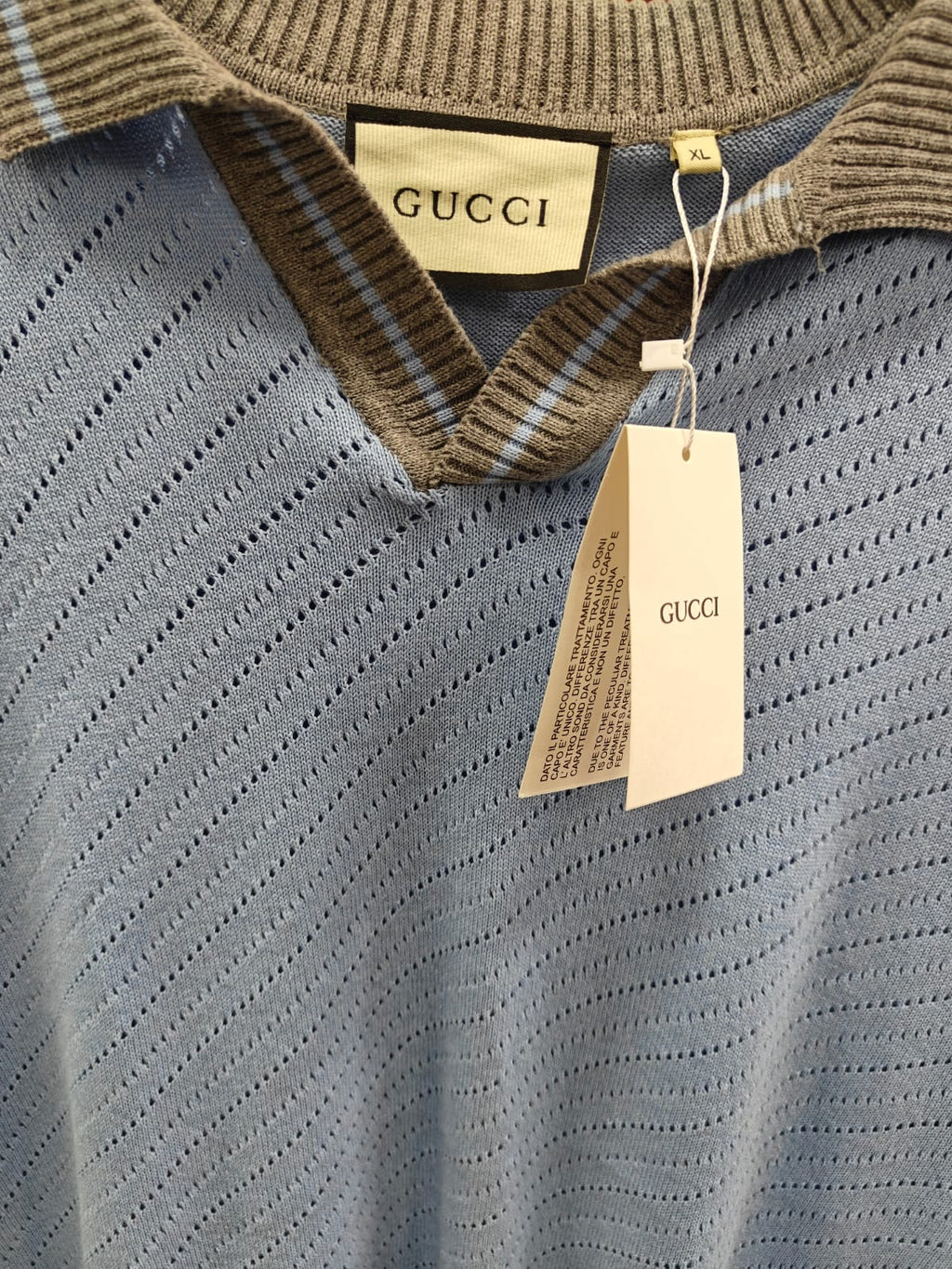 Gucci Men's Light Blue Knitted Polo Shirt with Striped Collar