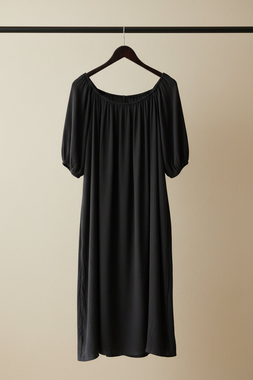 M&S Collection Black Crinkled Midi Dress with 3/4 Sleeves