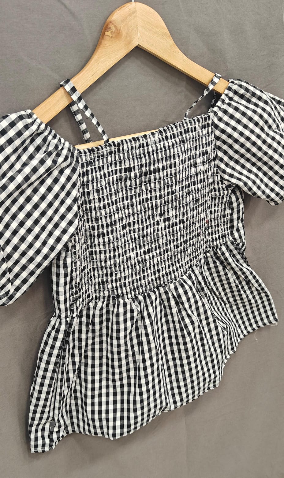 Women's Black & White Gingham Off-Shoulder Peplum Top