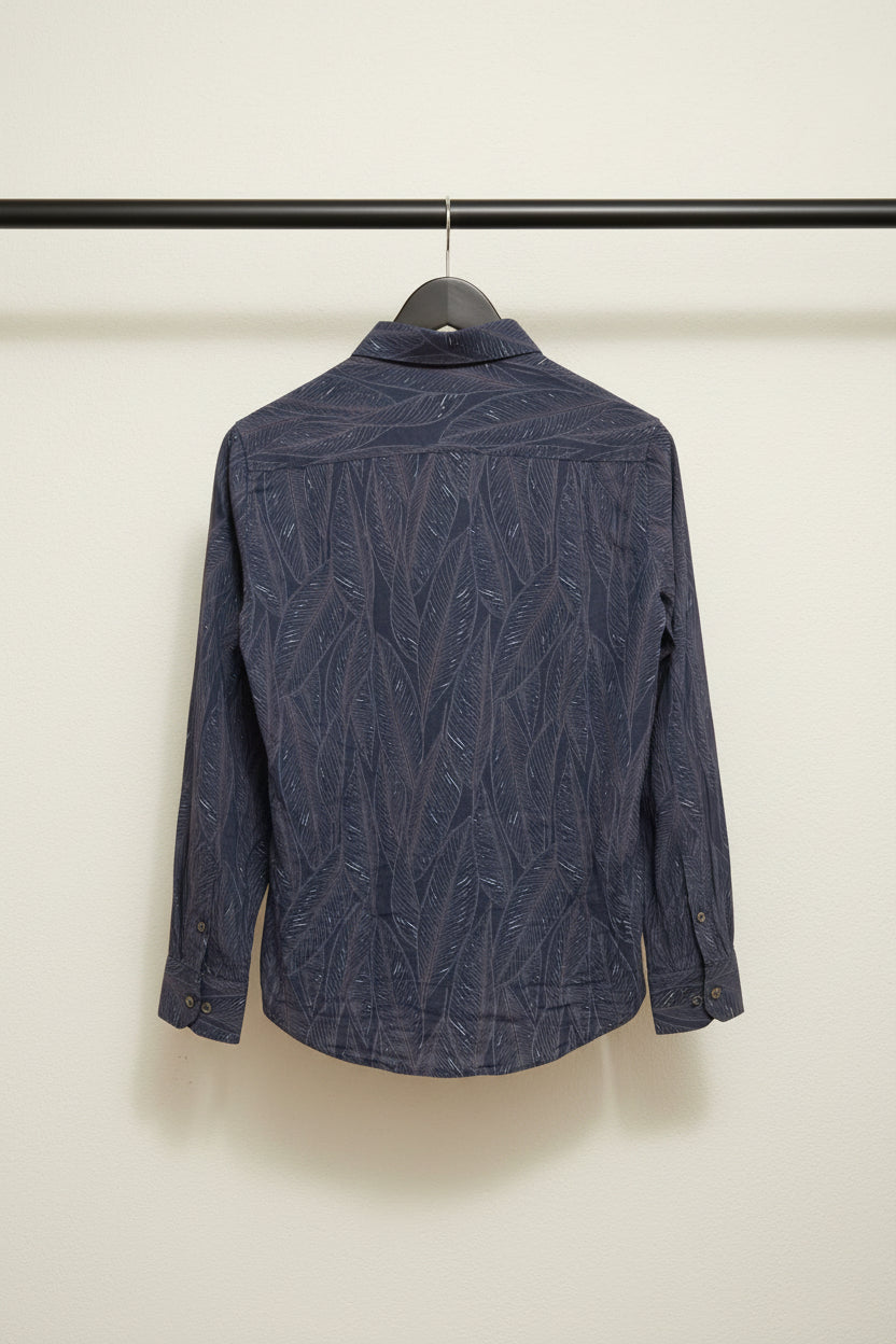 Men's Navy Blue Feather Print Cotton Casual Shirt