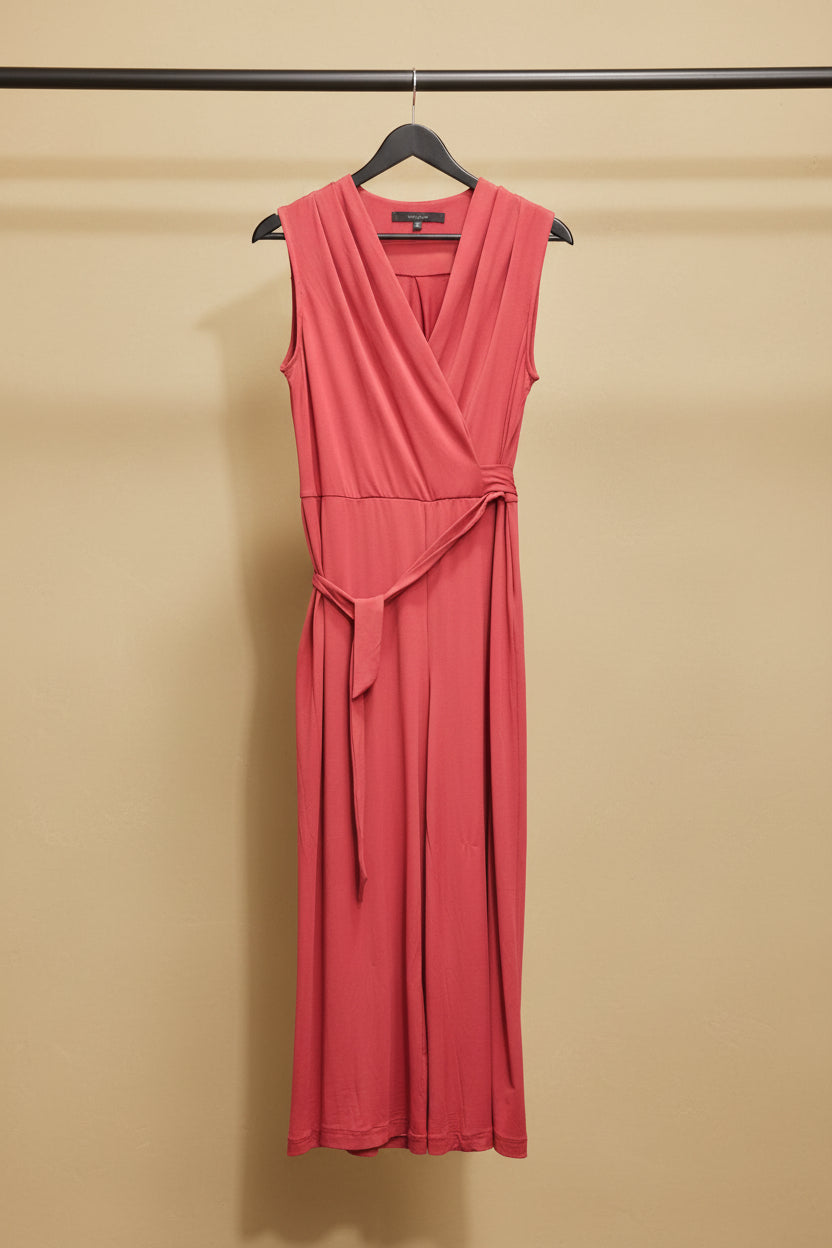 Wardrobe Women's Red V-Neck Sleeveless Jumpsuit with Tie-Waist