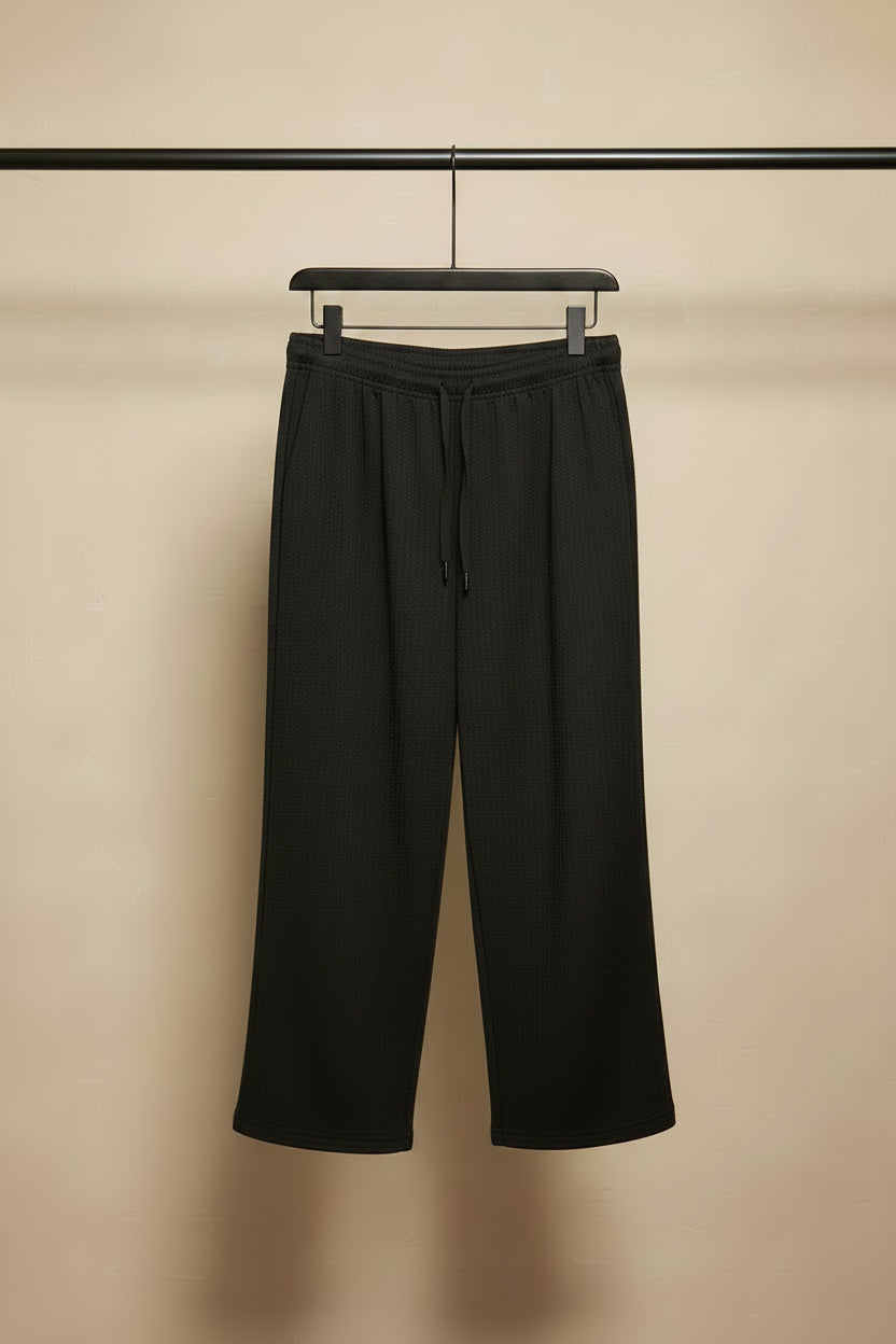 Women's Black Textured Elastic Waist Wide Leg Trousers