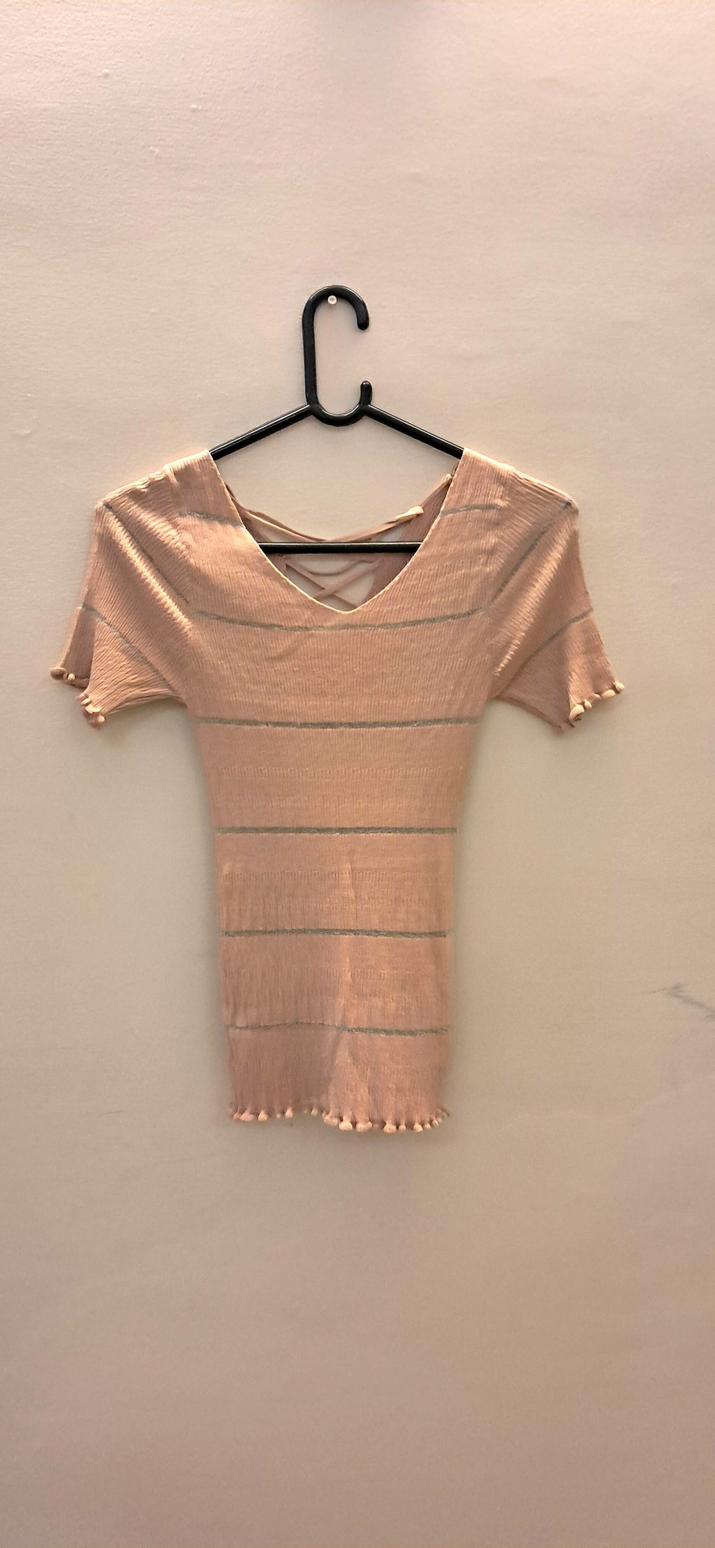 Women's Pink Ribbed Knit Short Sleeve Bodycon Top with Criss-Cross Back