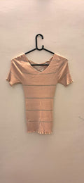 Women's Pink Ribbed Knit Short Sleeve Bodycon Top with Criss-Cross Back