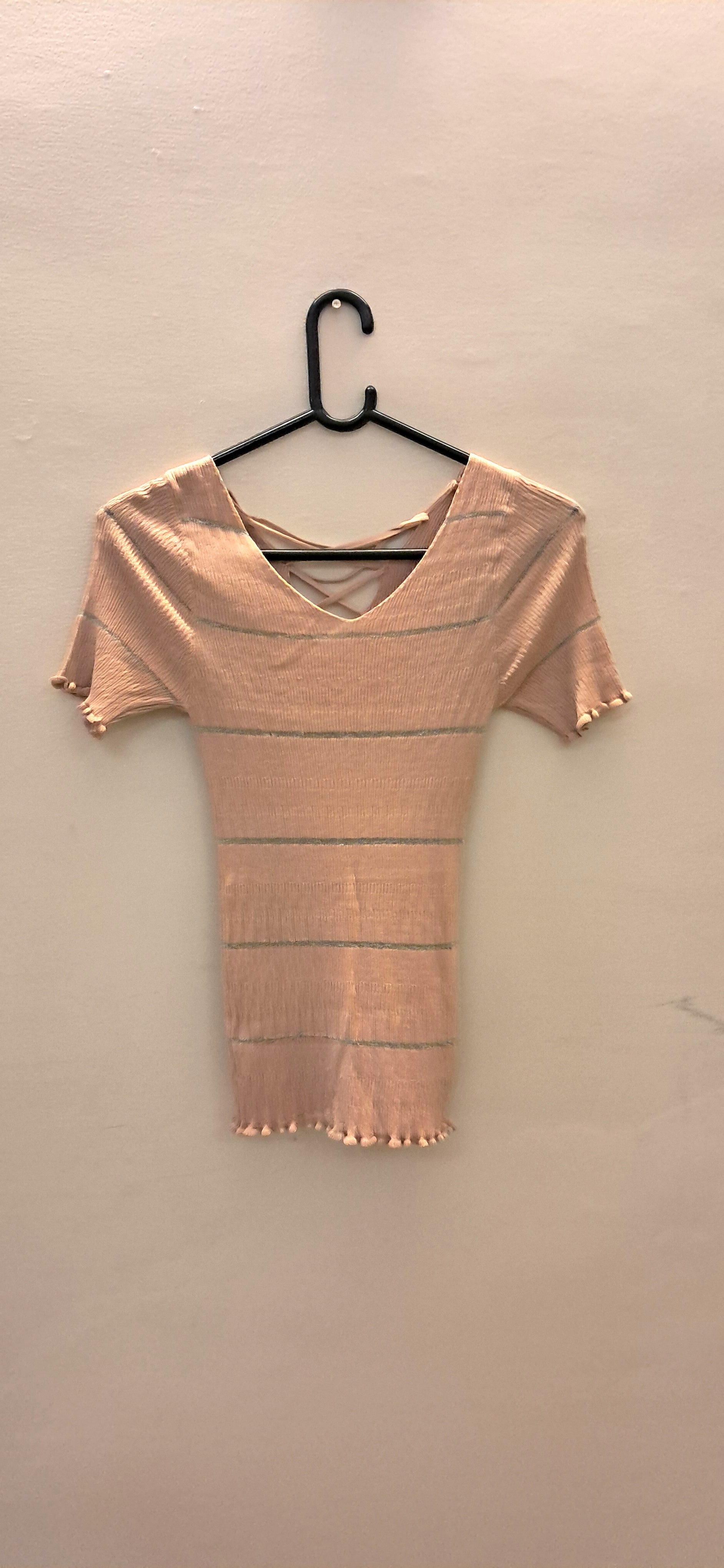 Women's Pink Ribbed Knit Short Sleeve Bodycon Top with Criss-Cross Back