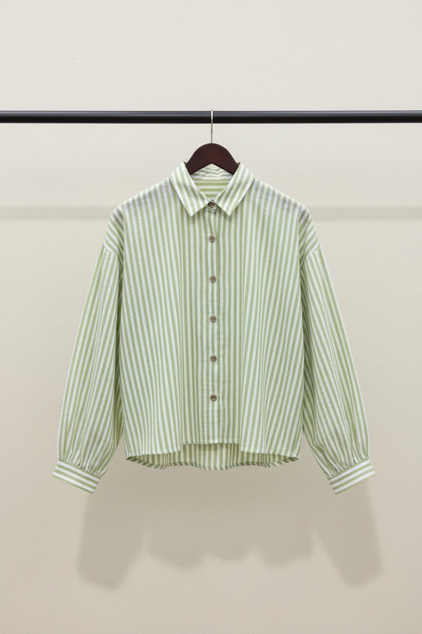 Lucky Brand Women's Green and White Striped Collared Shirt