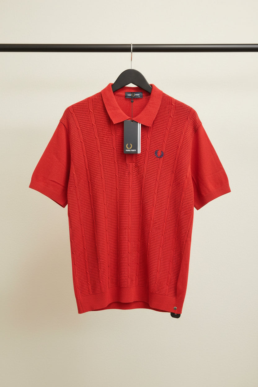 Fred Perry Men's Red Cable Knit Polo Shirt