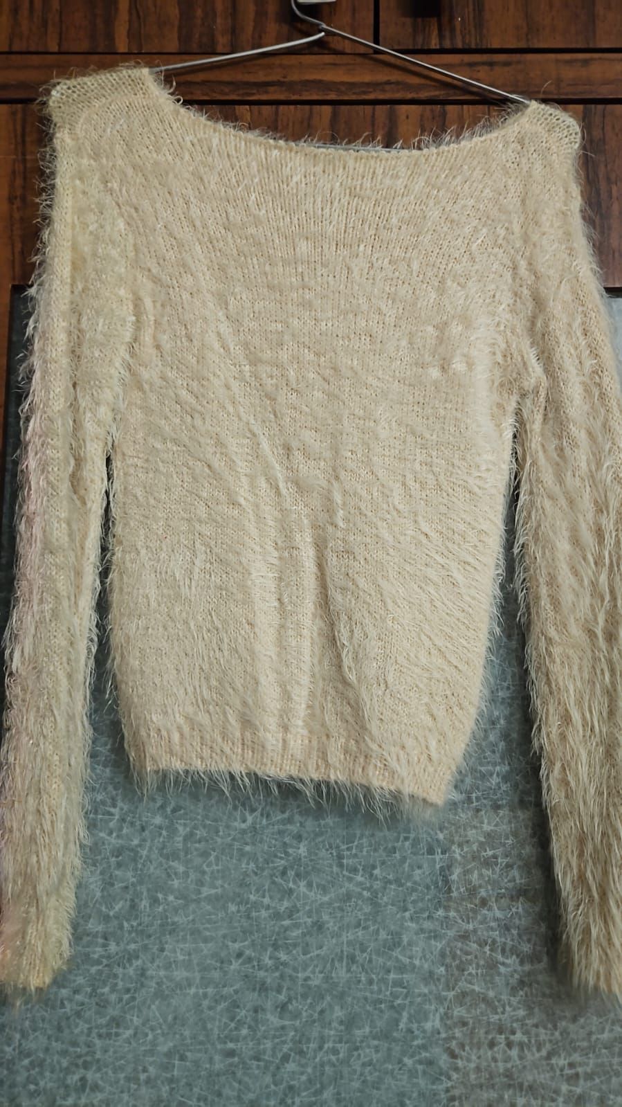 Women's Cream Fuzzy Knit Cropped Sweater Top