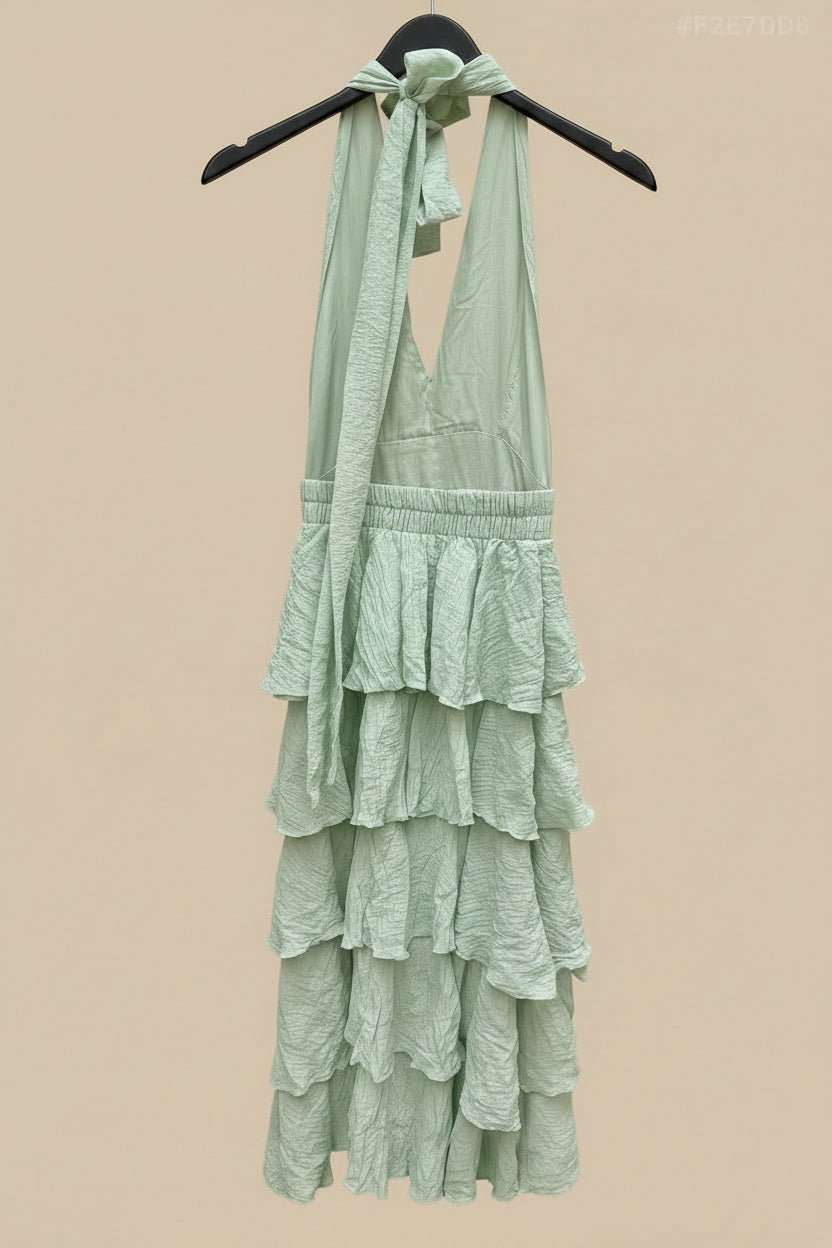 Light Green Halter Neck Tiered Ruffle Maxi Dress