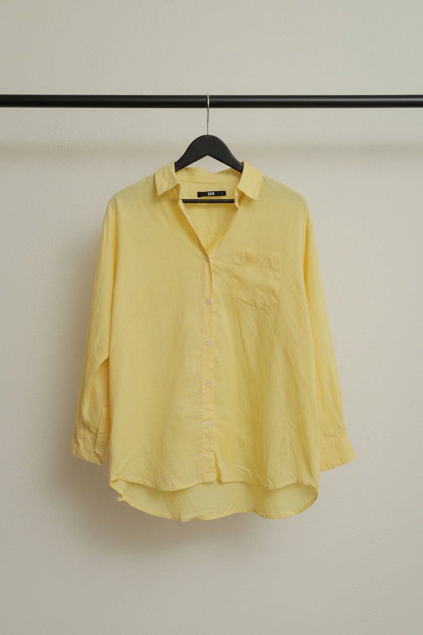 LTB Women's Yellow Linen Blend Long Sleeve Button-Up Shirt