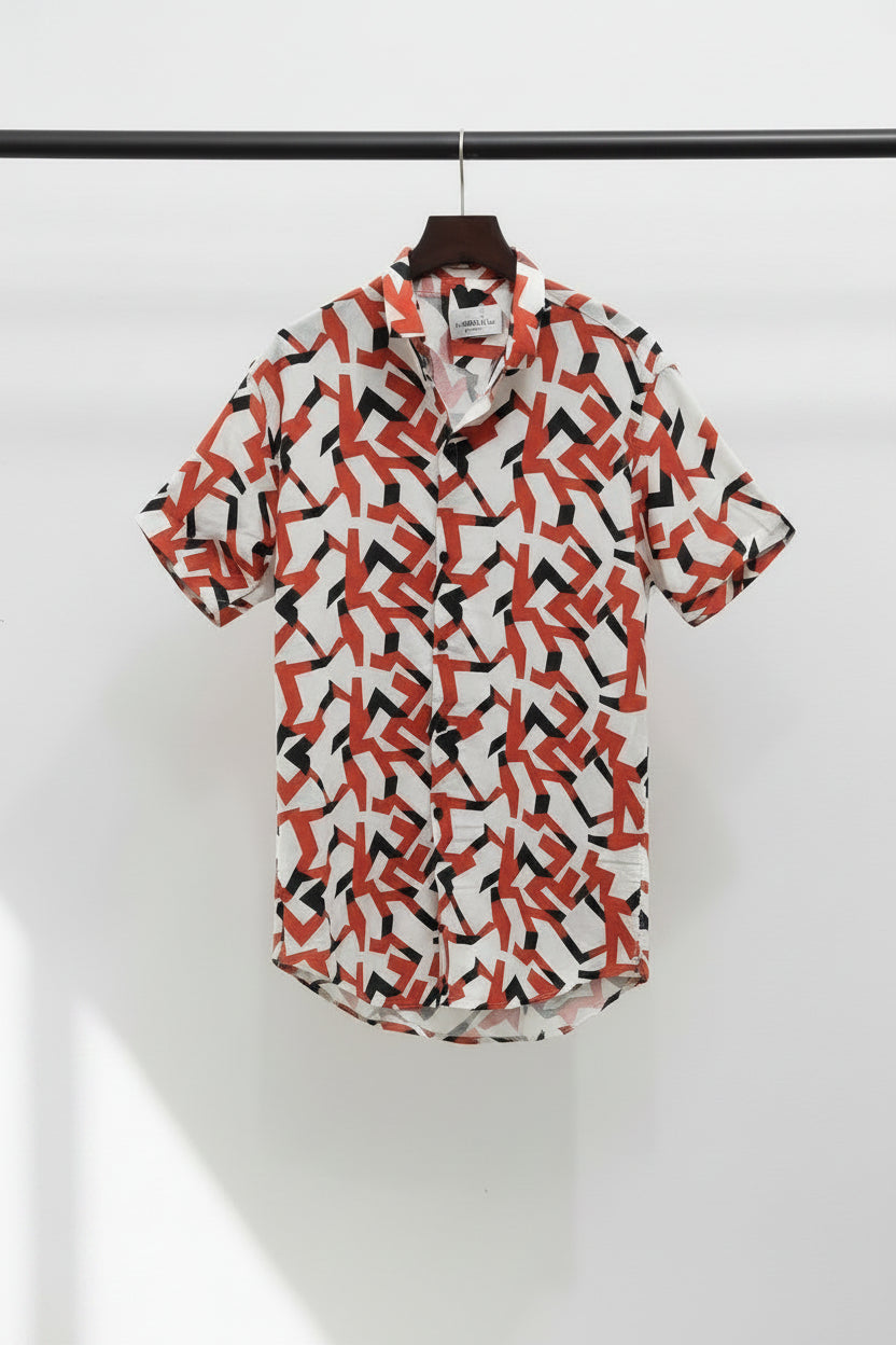 Men's White, Orange & Black Geometric Print Short Sleeve Casual Shirt