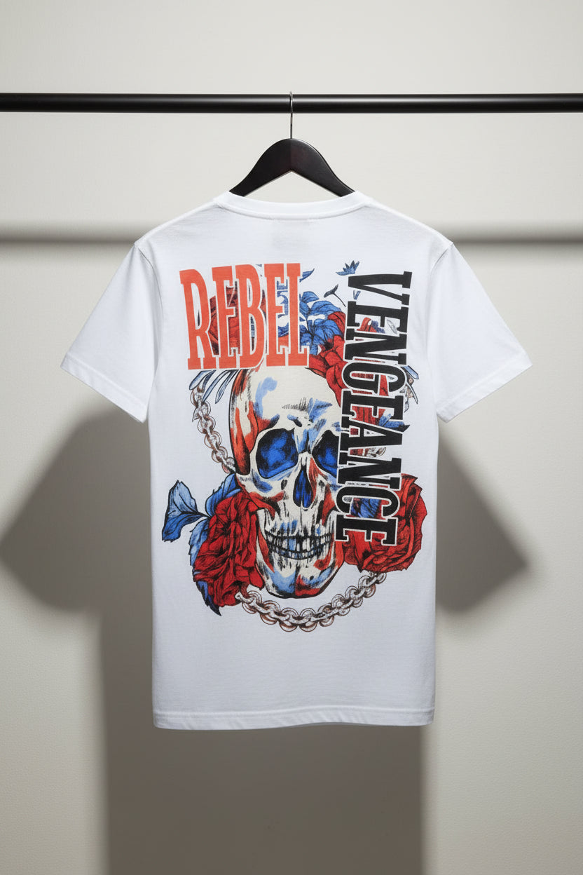 REBEL Men's White Skull & Rose Graphic Print T-Shirt