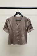 Women's Brown Satin V-Neck Puff Sleeve Blouse