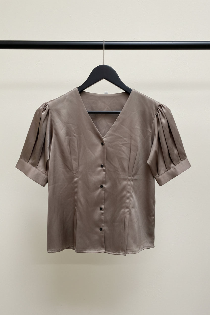 Women's Brown Satin V-Neck Puff Sleeve Blouse