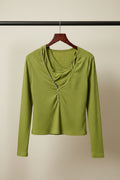 Green Ribbed Long Sleeve V-Neck Top