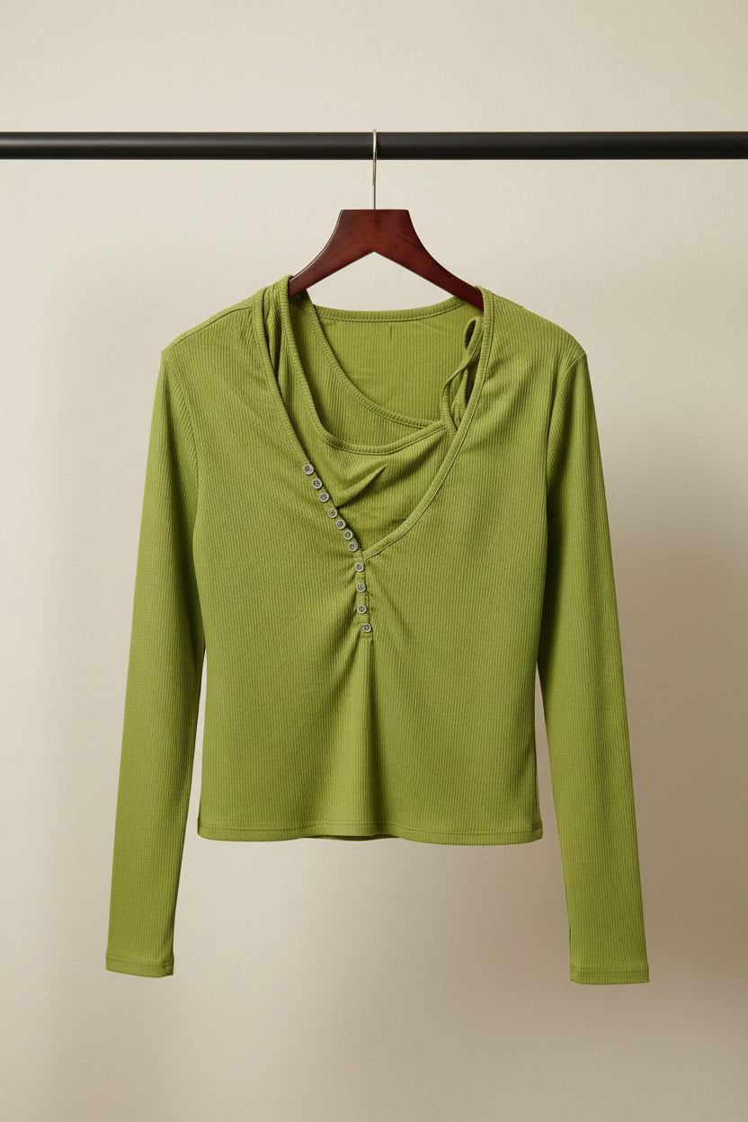 Green Ribbed Long Sleeve V-Neck Top