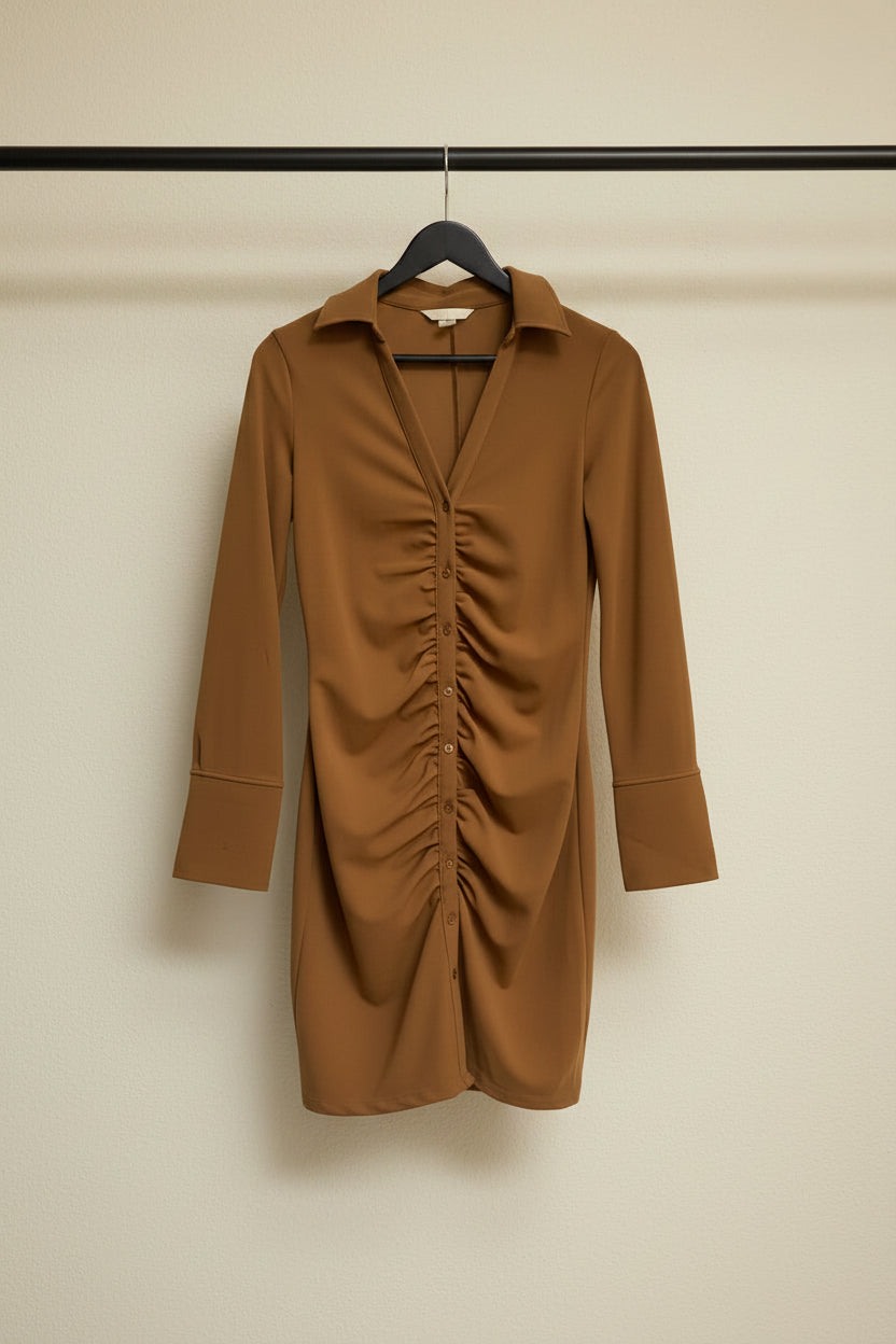 H&M Brown Ruched Button-Front Collared Mini Dress