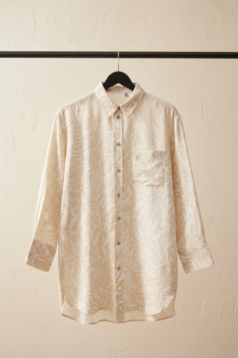 Women's Beige & White Patterned Long Sleeve Button-Up Shirt