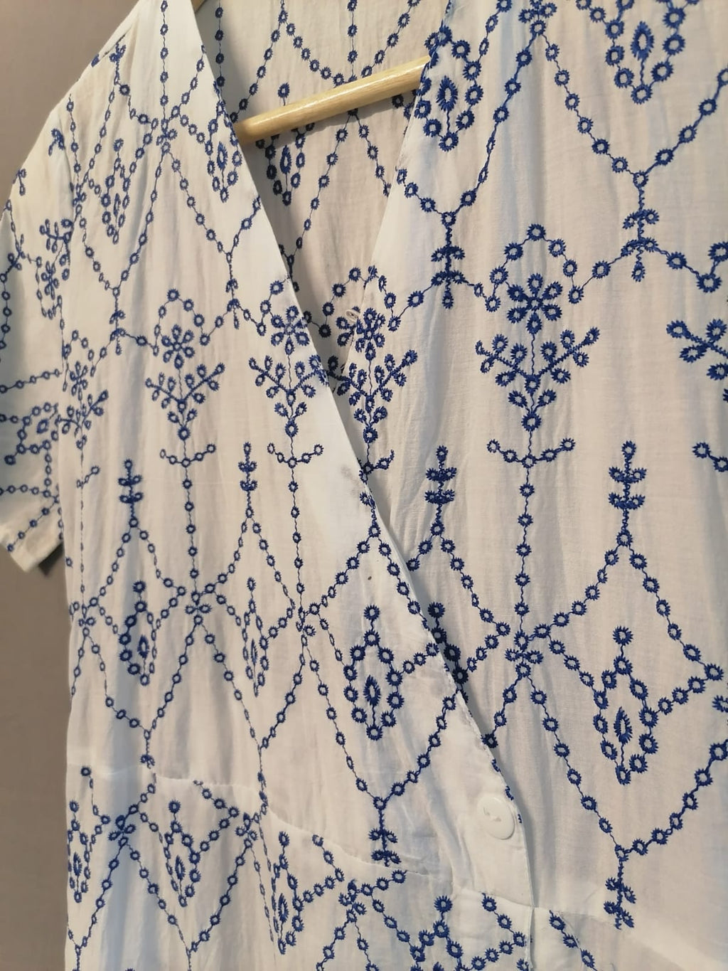 Zudio White & Blue Embroidered Cotton Wrap Dress