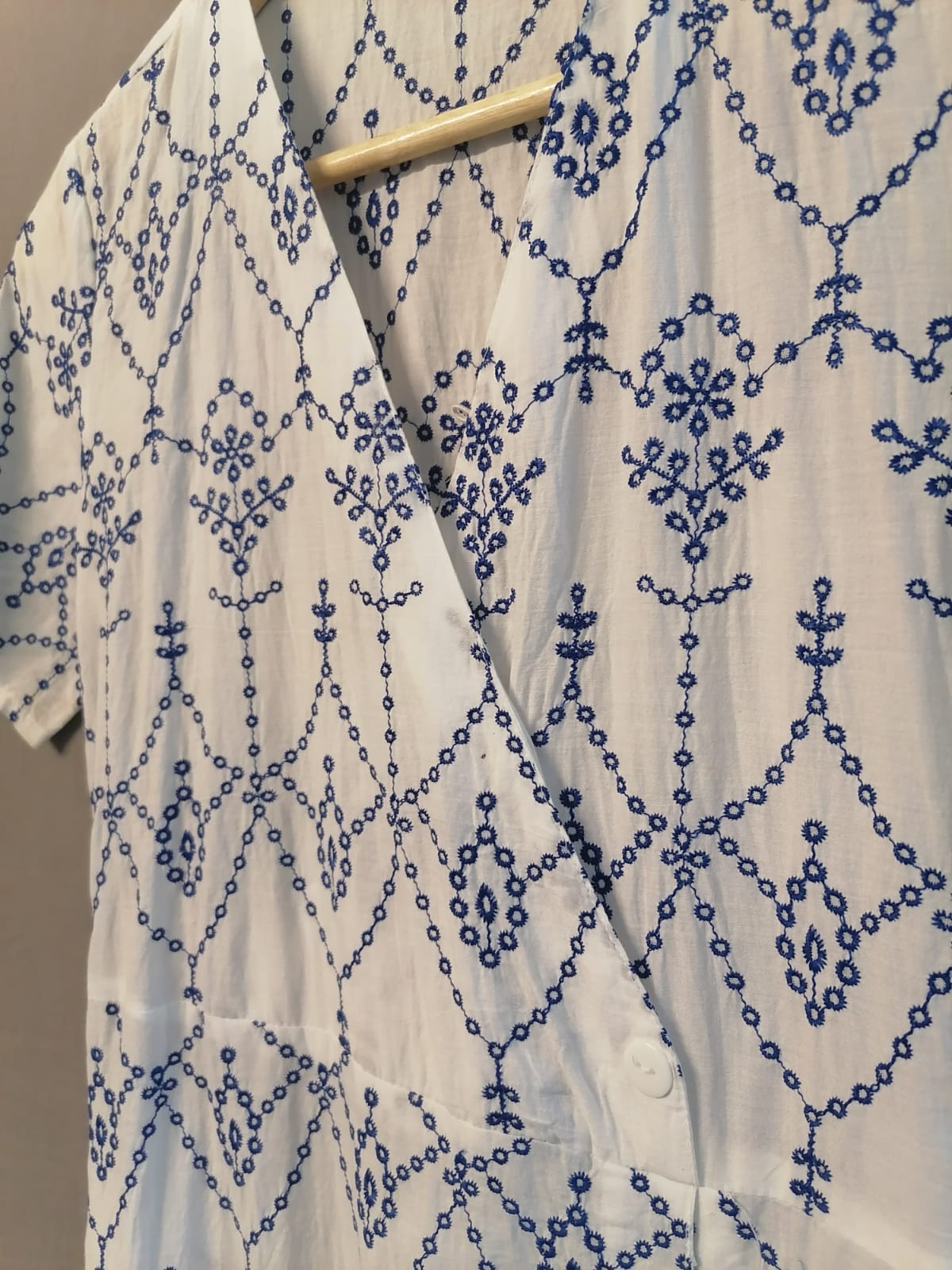 Zudio White & Blue Embroidered Cotton Wrap Dress