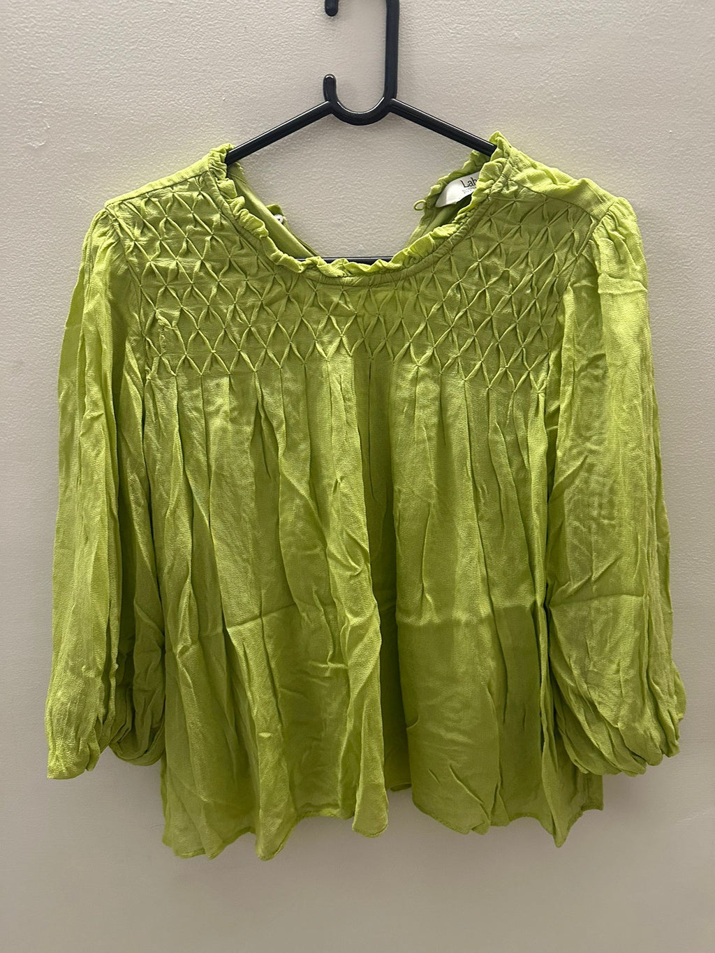 Label RITU KUMAR Lime Green Smocked Ruffle Neck 3/4 Sleeve Top