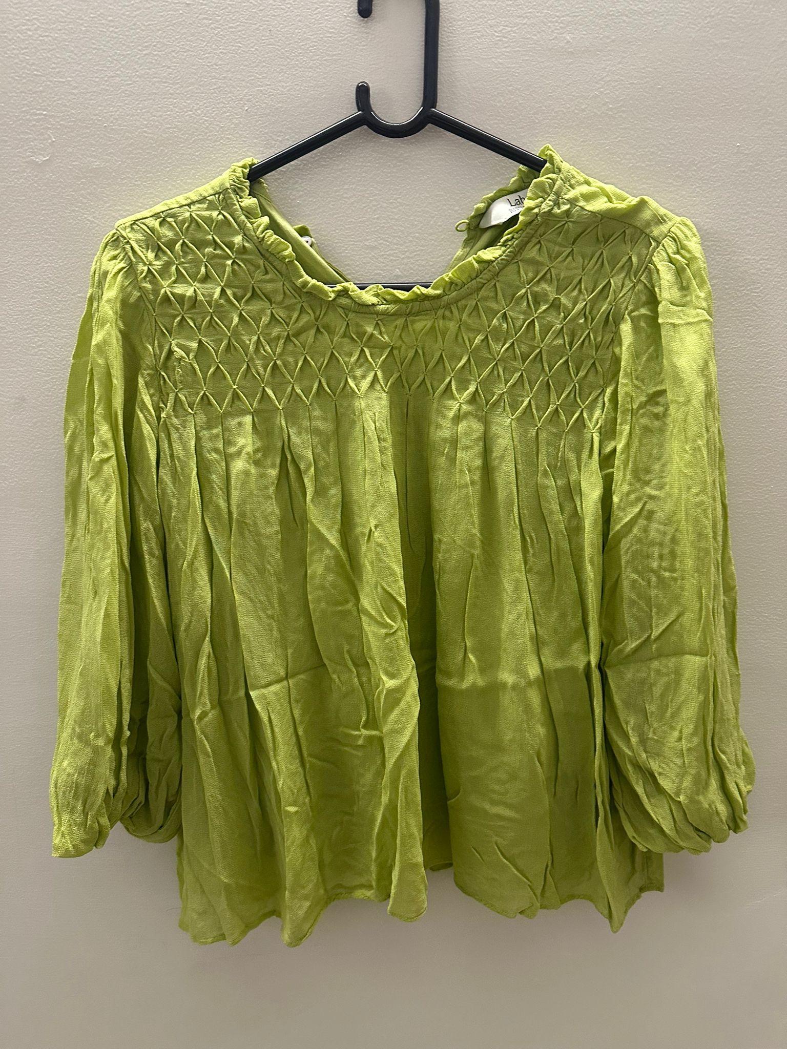 Label RITU KUMAR Lime Green Smocked Ruffle Neck 3/4 Sleeve Top