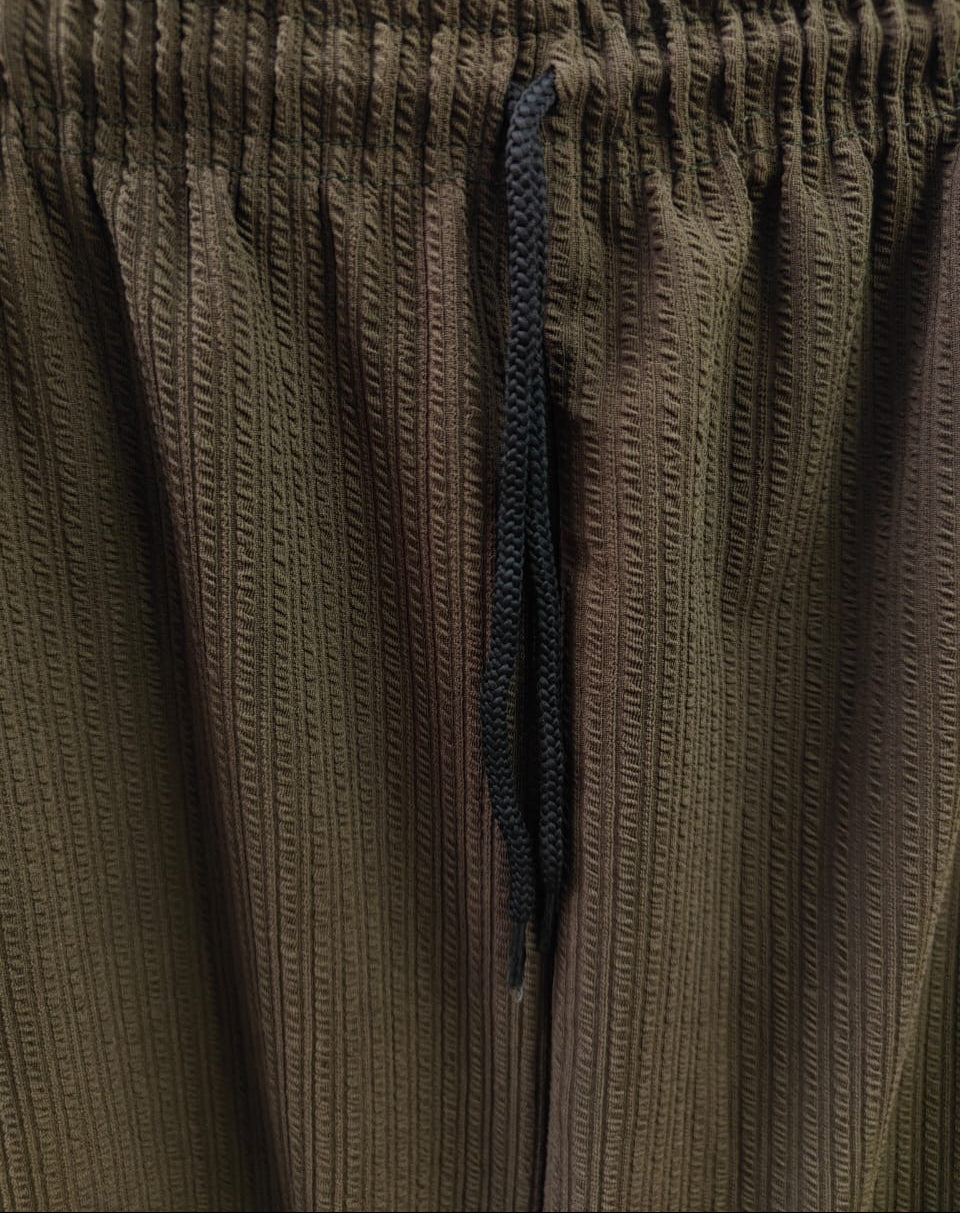 Olive Green Ribbed Knit Wide Leg Trousers with Drawstring Waist