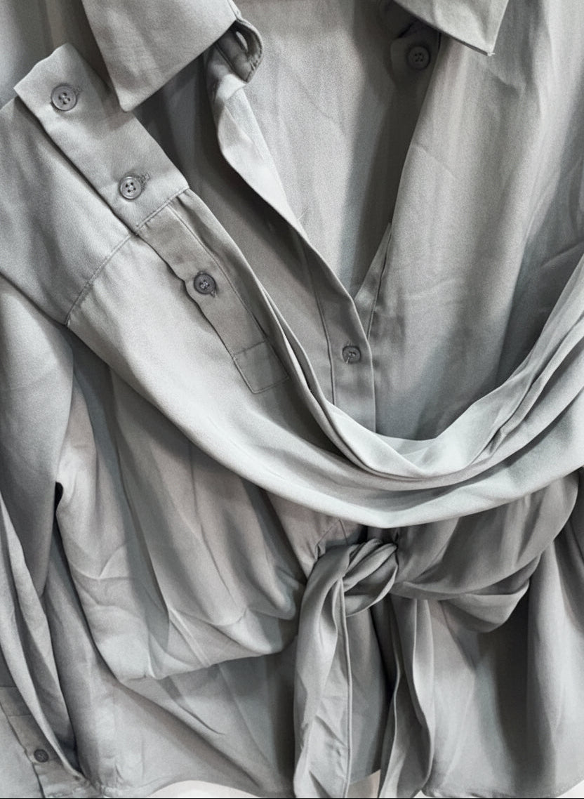 H&M Women's Grey Tie-Front Long Sleeve Shirt