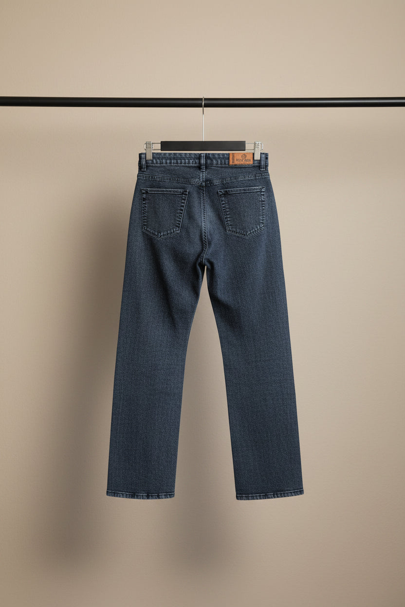 A pair of dark gray washed denim jeans hanging on a wooden hanger against a white fabric backdrop, showing the back pockets and waistband.