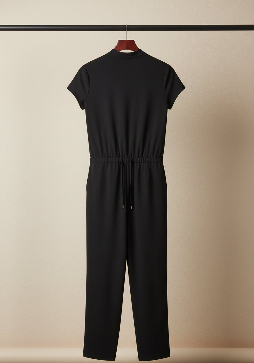 Black Tie-Neck Short Sleeve Jumpsuit