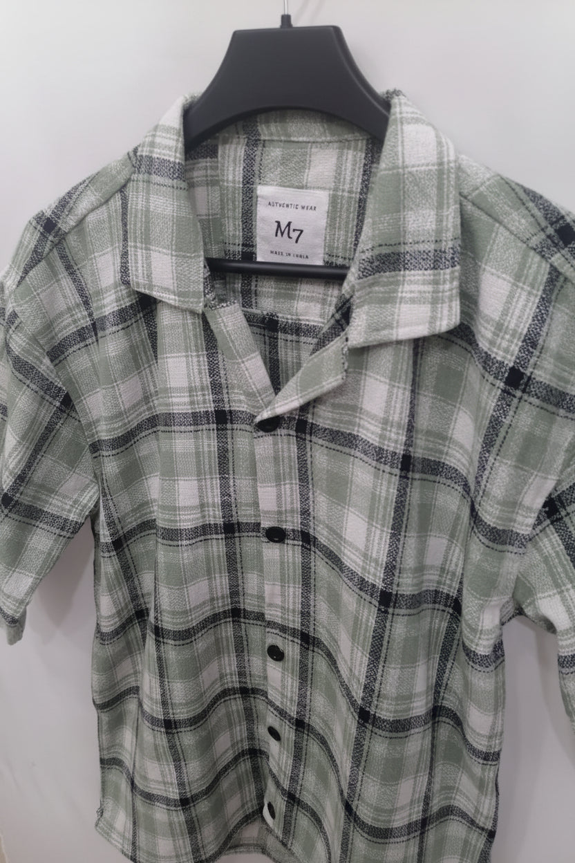 M7 Men's Green & White Plaid Half Sleeve Casual Shirt