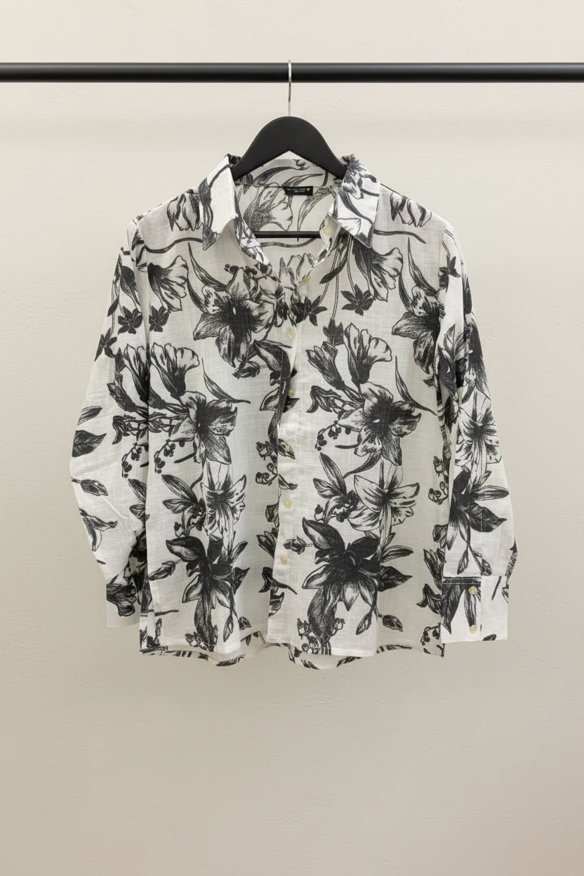 Men's White & Black Floral Print Long Sleeve Button-Down Shirt
