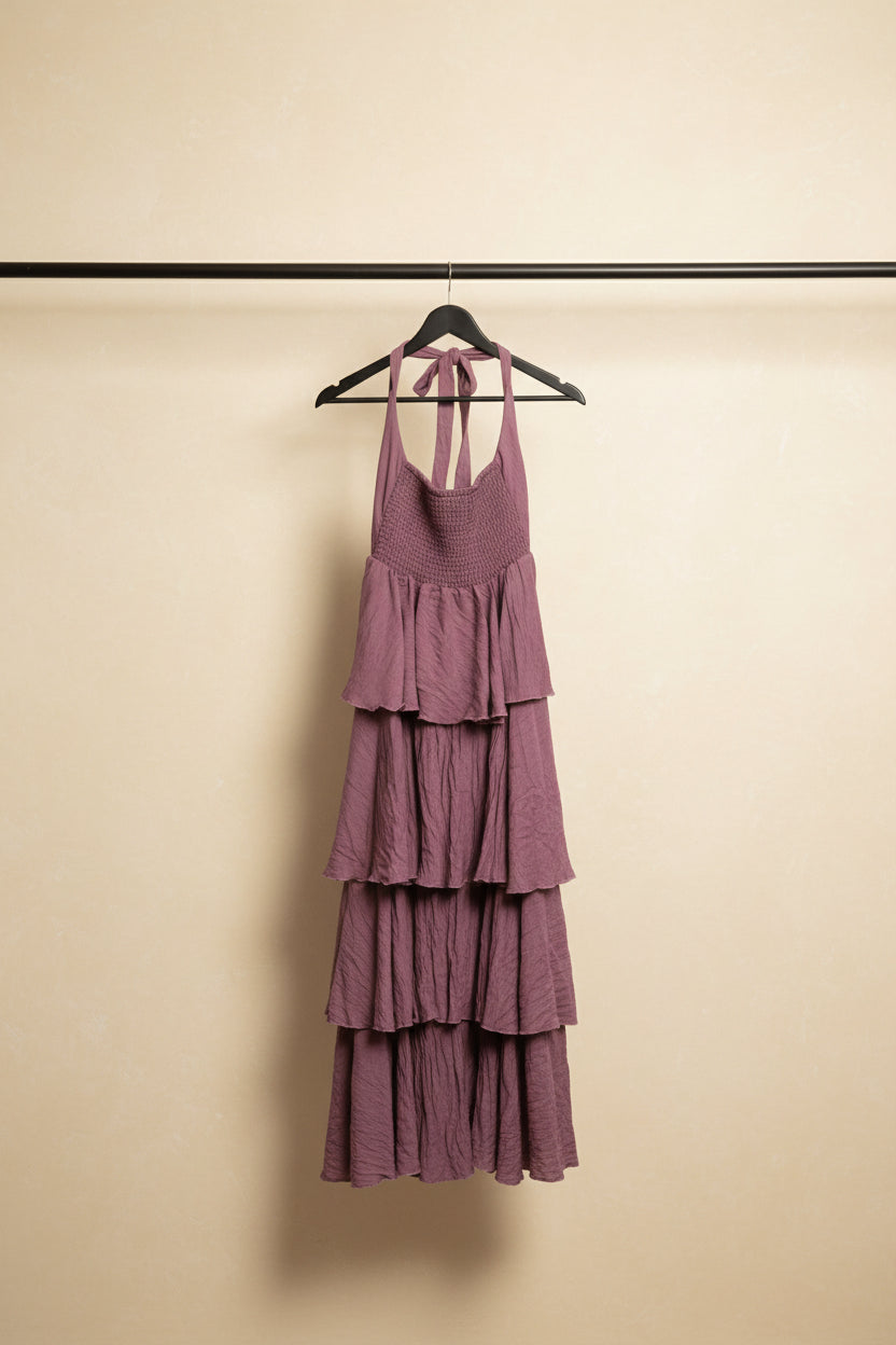 Women's Purple Tiered Halterneck Maxi Dress