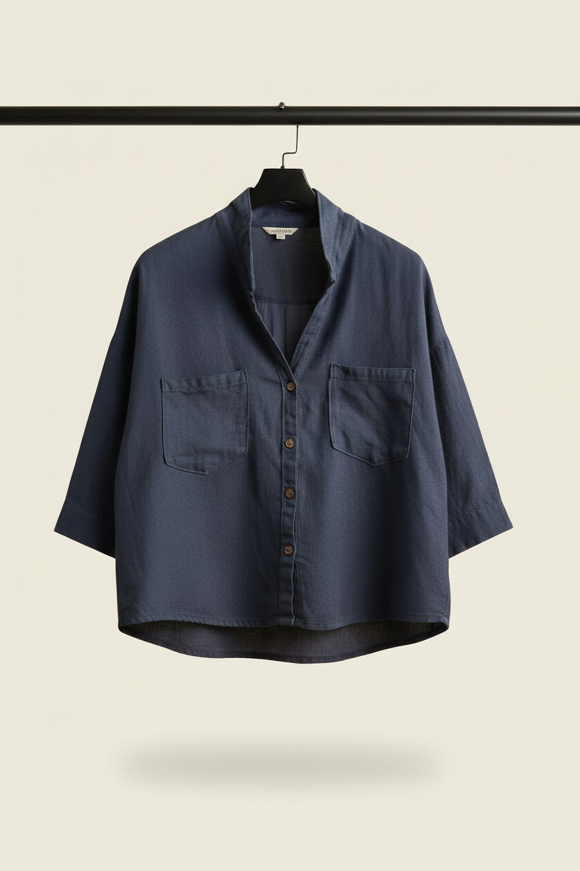 Rimore Women's Navy Blue Linen Blend Collared Shirt