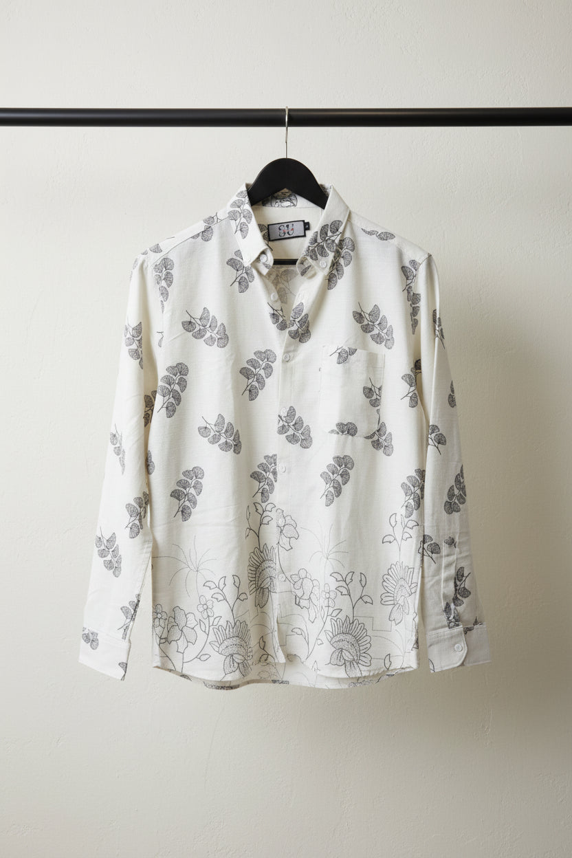Men's Cream Printed Long Sleeve Casual Shirt