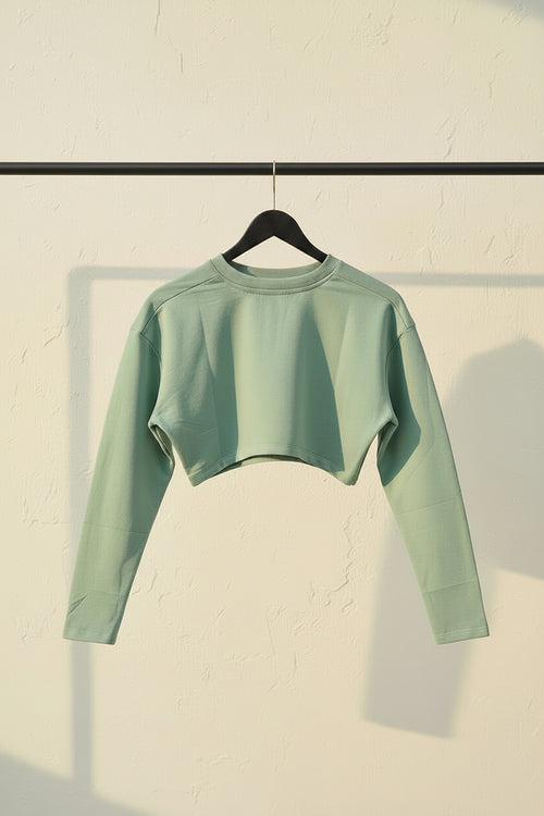 Attirehub Mint Green Long Sleeve Crop Top with Henley Neck