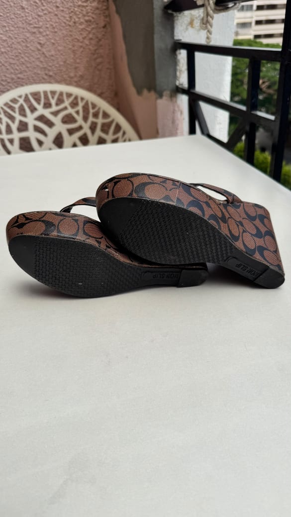 Women's Brown Monogram Wedge Flip-Flops